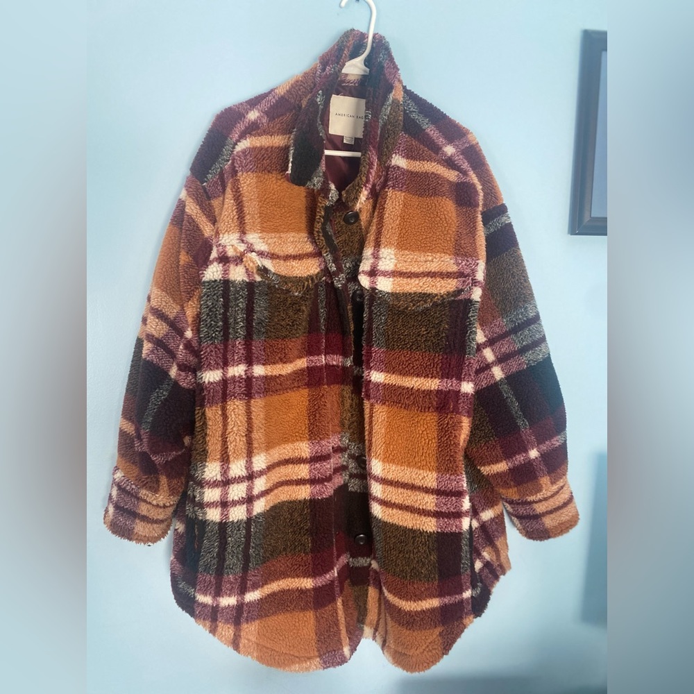 Worn once. AE fuzzy coat. Comes from home with no animals and nonsmoking